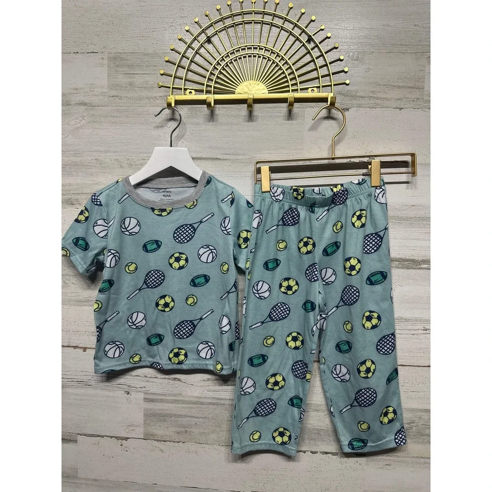 Carter's Pajama Set Boys 4T Sage Green Sports Print EUC